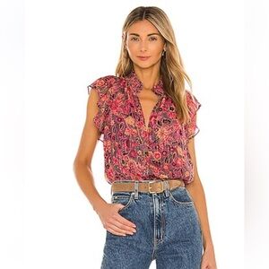 A.L.C. Hayley Pink & Gold Metallic Print Silk Blend Ruffle Blouse Exc Cond (2)